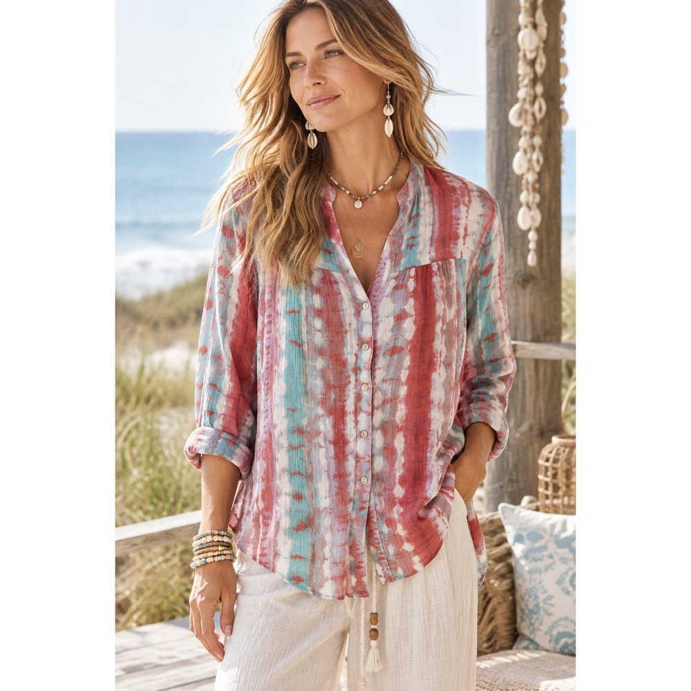 Hope & Harlow Woman 1X Plus Size Blouse Coastal Boho Tie Dye Abstract Print Top